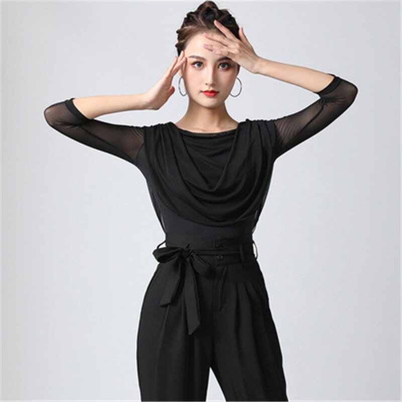 Vêtements de danse latine, chemise de danse standard nationale pour femmes, à manches mi-longues, en maille, de salle de bal moderne, tissu d&#39;exercice à col rond,
