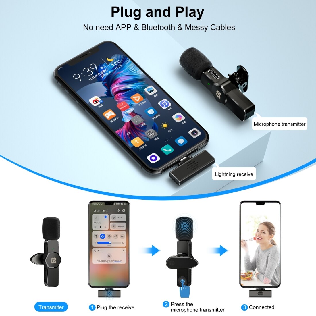Wireless Lavalier Microphone Portable Audio Video Recording Mic for Iphone Android Live Gaming Mobile Phone Vlogging