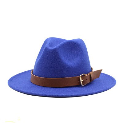 Fedora hoeden voor mannen, effen, formele kleding, kerk, bruiloft, brede rand, vilten hoed, winter, herfst, kaki, beige, riem, gesp, jazzpet voor mannen: Blauw