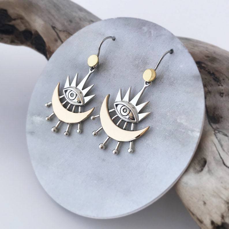 Exaggerated Moon Crow Skull Earrings Stars and Moon Bohemian Healing Celestial Witchy Metaphysical Jewelry: F
