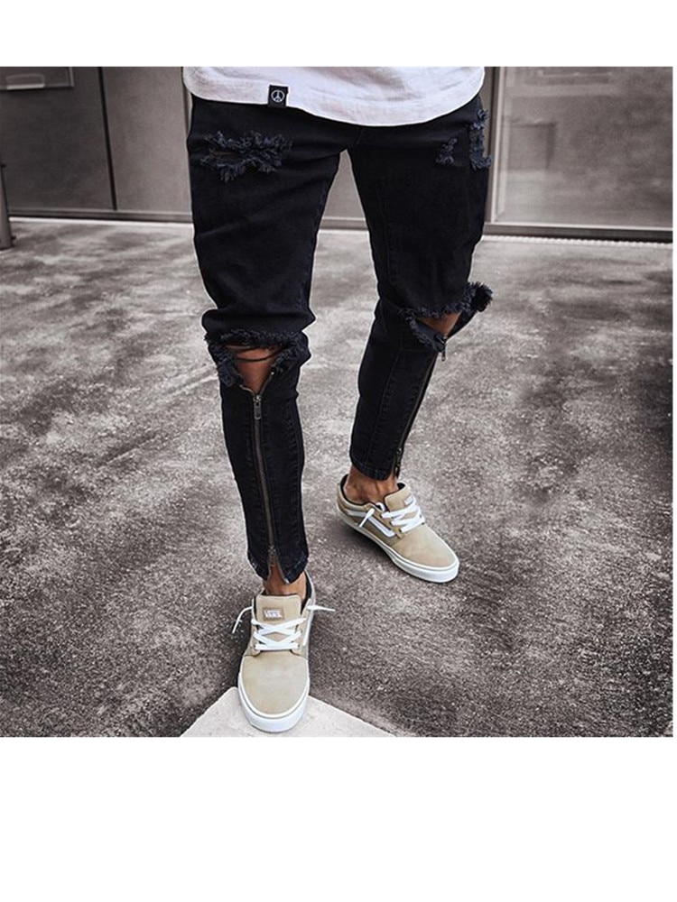 Coola herrmärke svarta jeans skinny riven förstörd stretch slim fit hop hop byxor med hål för män dragkedja ankel
