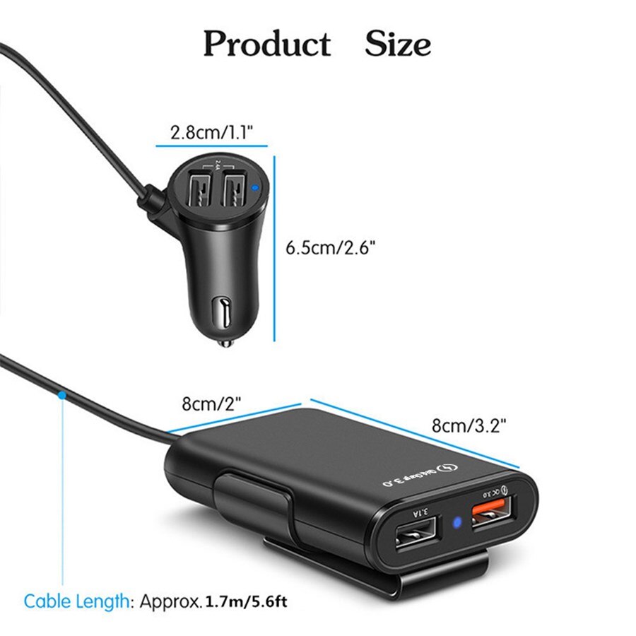 Quick Lading Qc 3.0 Autolader 4 Poorten Usb Car Charger 1.7 M Verlengkabel Voor Mobiele Telefoon Samsung Xiaomi iphone Autolader