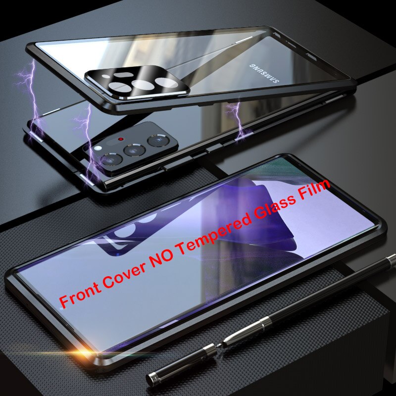 Volledig magnetische hoes voor samsung galaxy note 20 ultra, gehard glazen hoesje, metalen bumper, note 20 cameralens beschermhoes: Noot 20 ultra / Zwart