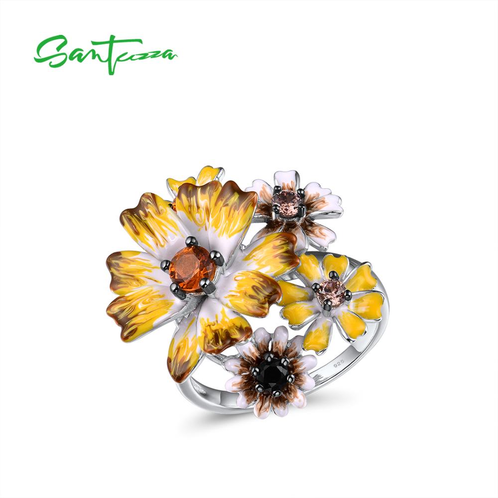 SANTUZZA Silver Rings For Women Genuine 925 Sterling Silver Handmade Enamel Yellow Flowers Trendy Party Fine Jewelry