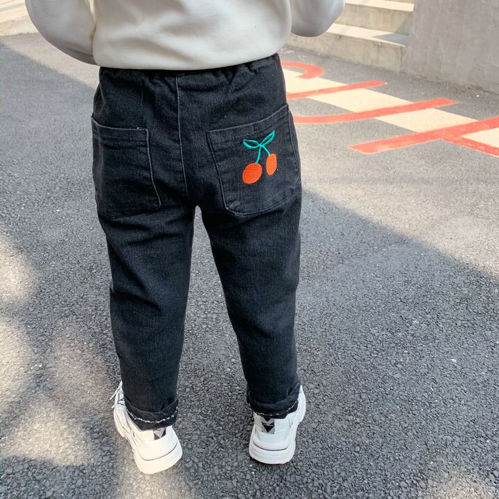 Flicka pojke vinter jeans byxor barn körsbär broderi sammet inuti tjocka varma byxor barnkläder kläder