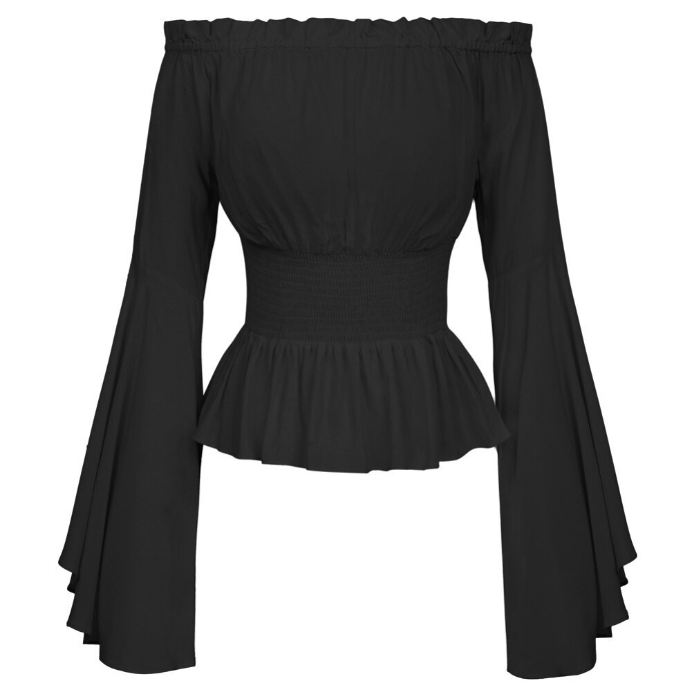 Women Medieval Renaissance Solid Color Bell Sleeve Ruffled Off Shoulder Blouse for Halloween: Black L XL
