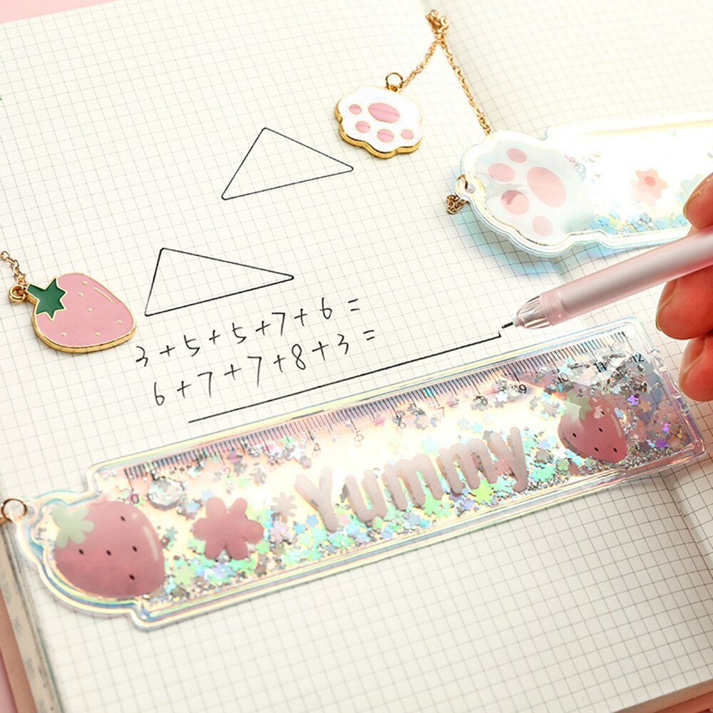 Cartoon Bookmark Drawing Ruler Cherry Flower Quicksand Plastic Ruler Measuring Straight Ruler Stationery Girl