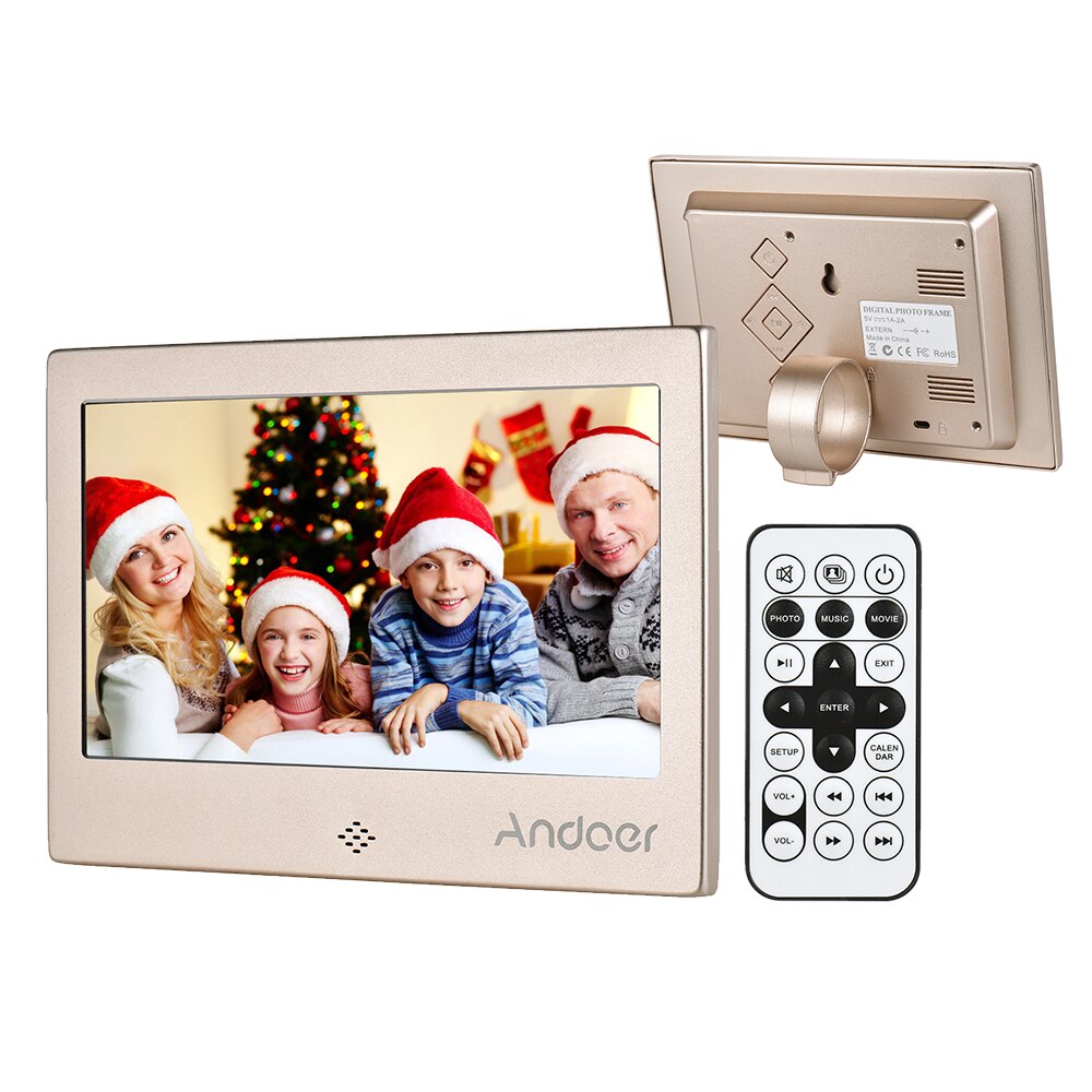 Andoer 7 "LED Digital Foto Rahmen 720P Video/Musik/Kalender/Uhr/TXT Spieler 1024*600 auflögesungen Metall Rahmen w/Fernbedienung: Gold / uns Stecker