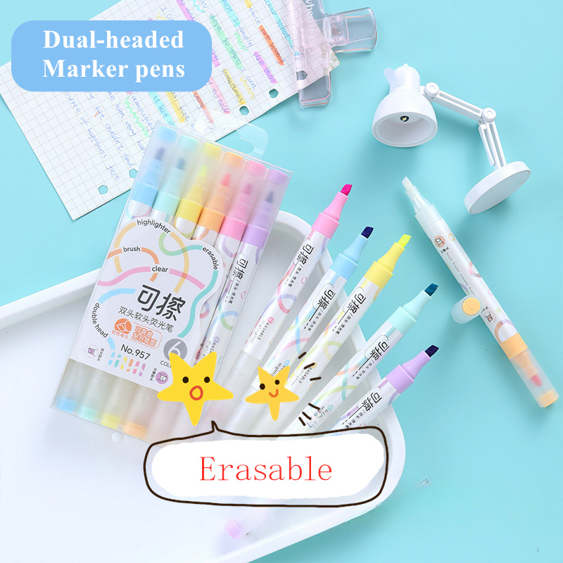 Juego de 6 resaltadores borrables Kawaii de colores, notas de doble cabeza para tomar el forro, marcadores de 4mm de espesor, bolígrafos fluorescentes para notas