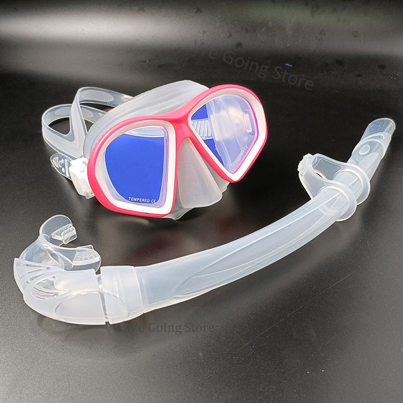 Teenager Swimming Mask Silicone Low Volume Scuba Diving Mask Freediving Scuba Dive Goggles with Coating Mirror Lens: pink set 2