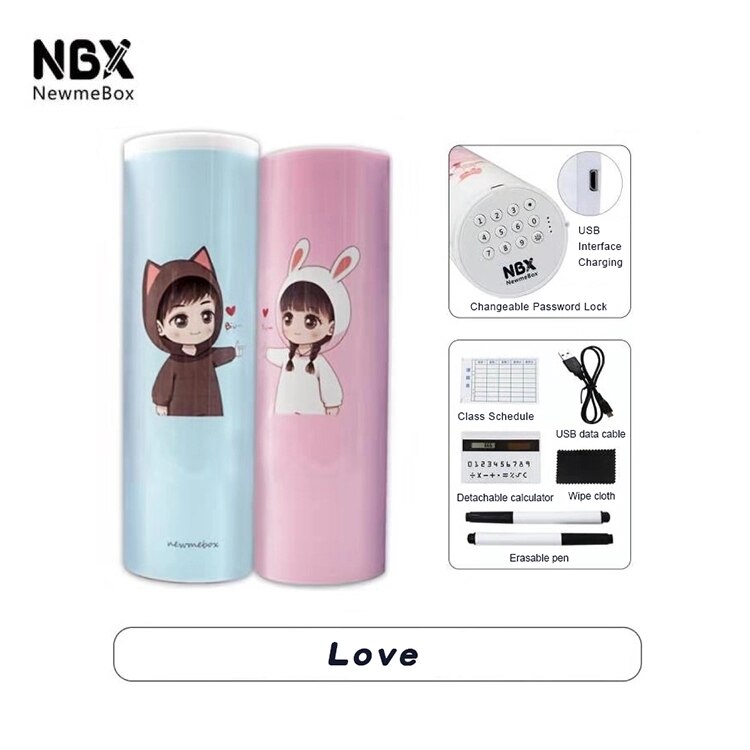 Newmebox Password Pencil Case Cartoon Pattern Pen Holder Large Capacity Stationery Box Coded Lock Home Office School Storage Bag: Love