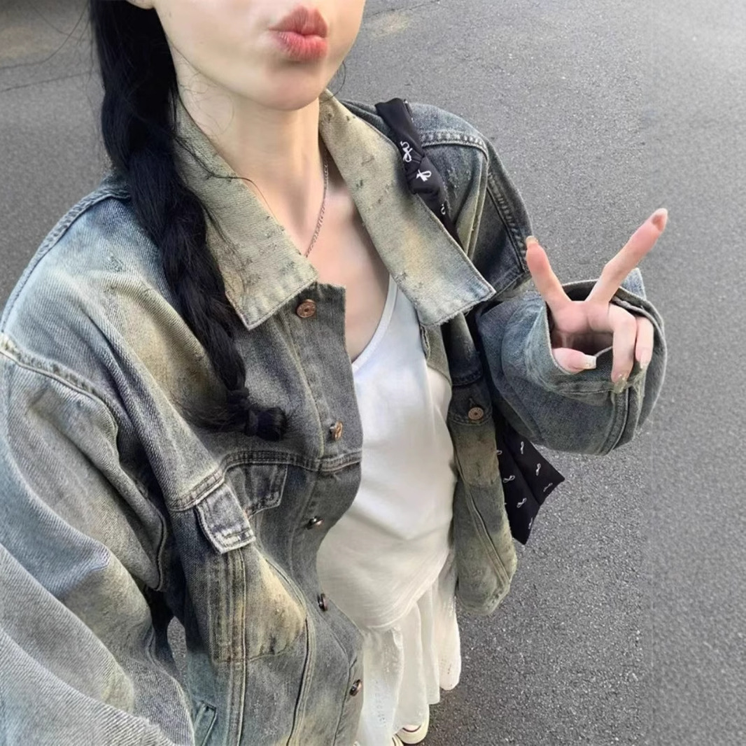 Jas Vrouwen Denim Jassen Kraagvorm Y2k Streetwear Halflange Jassen Moeder Werk Casual Losse Elegante Splice Jas 2025