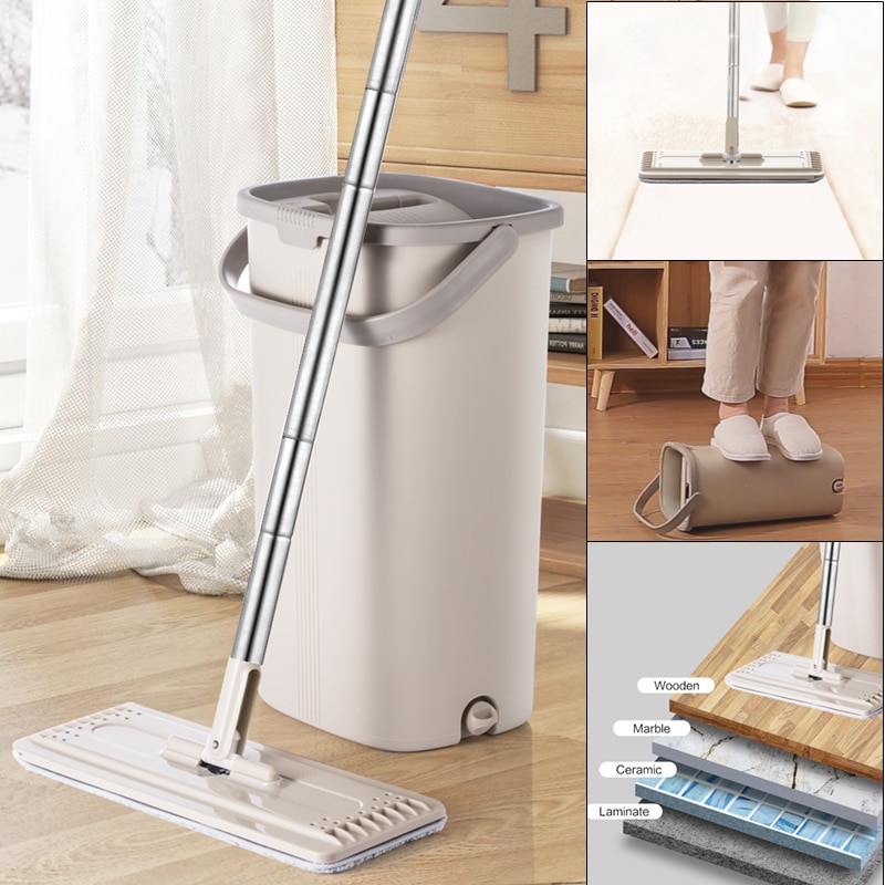 Cubo de fregona plano exprimible Manos libres con mango de acero inoxidable cabezal giratorio de limpieza de suelo en seco húmedo 360 con almohadillas de fregona reutilizables
