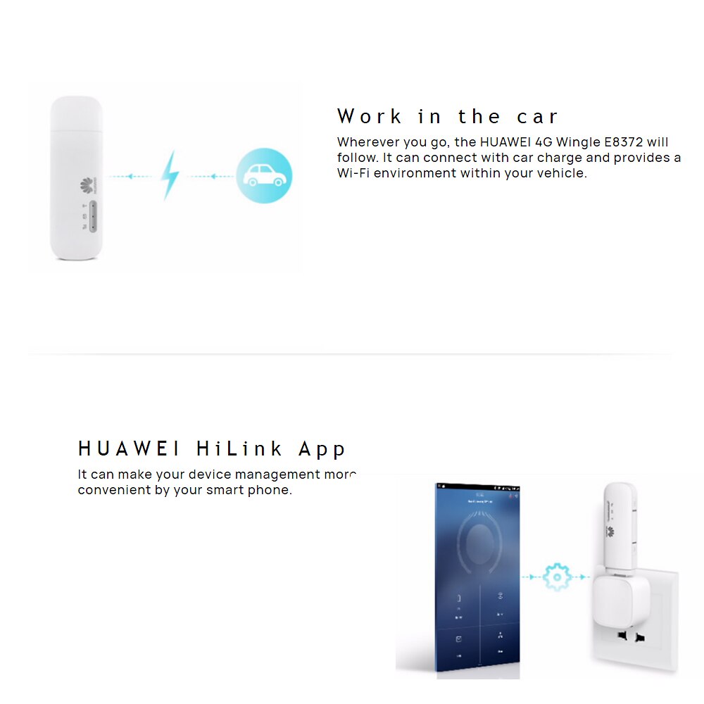 Huawei E8372h-155 4G LTE Mini USB WiFi Router Wingle WiFi Hotspot Cat4 150Mbps FDD 4G 3G USB Modem Stick White