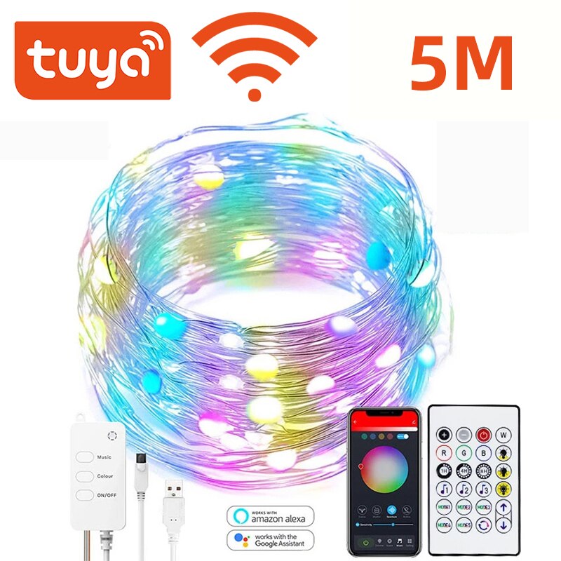 Tuya WiFi Smart LED Fairy Lights IP65 WaterProof RGB Strip Light Alexa Google Home Remote Christmas Tree Lights Decor Smart Life: Not waterproof 5M