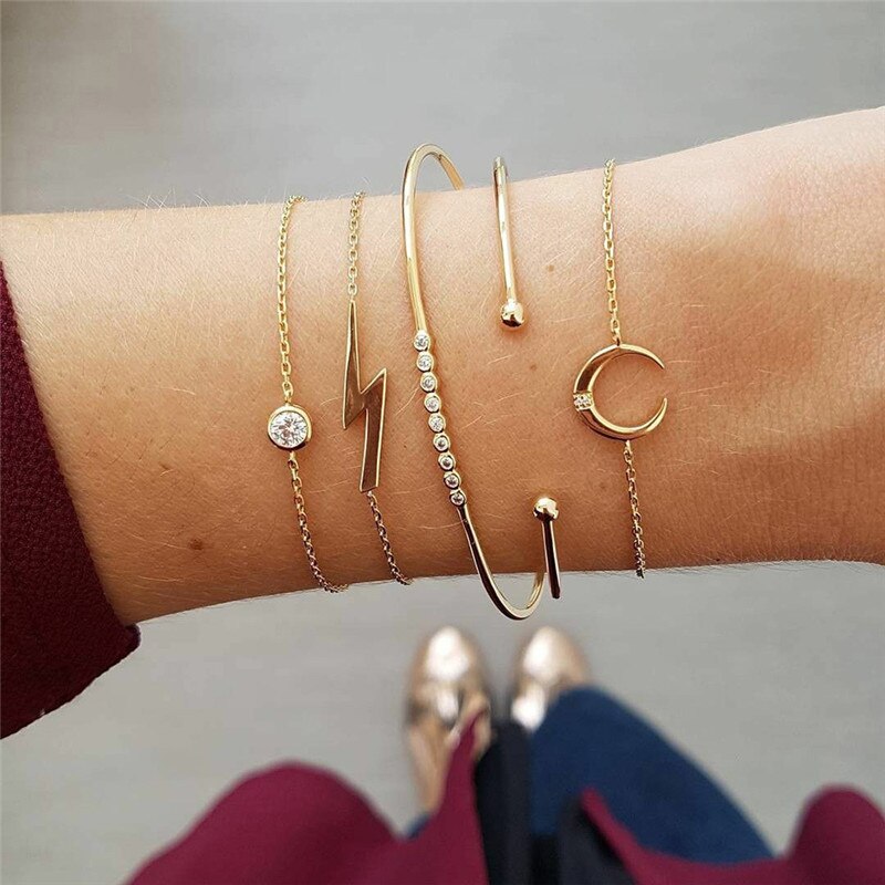 WUKALO Charm 4 stks/set Damesmode Kristal Cirkel Blad Ketting Gouden Kleur Gesimuleerde Parel Armband Set Party Bruiloft Sieraden: 83422