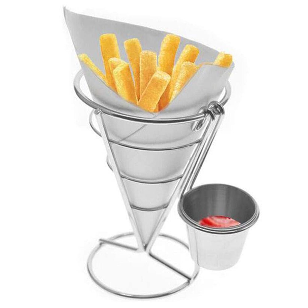 Roestvrij Staal Frieten Vis En Chips En Voorgerechten Stand Cone Mand Fry Houder Met Saus Cup Keuken Feestartikelen