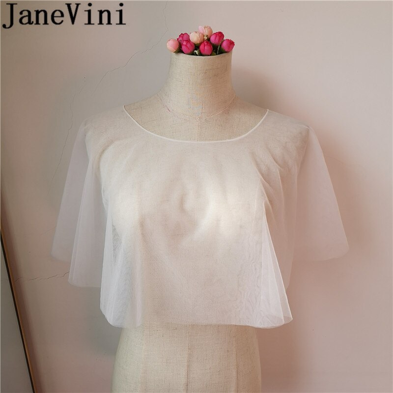 JaneVini Bruids Jas Simple Wedding Cape Brides Bolero Wit Sheer Soft Tule Bridal Schouder Wraps Shrug Mariage Avond Shawl