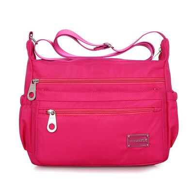 Kvinder ensfarvet lynlås vandtæt nylon skuldertaske floral crossbody taske bolsa feminina: Hot pink