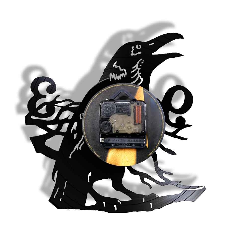 Sooty Raven Wall Clock Howling Art Decorative Modern 3D Quartz Watch Vinyl Music Record Timepiece LED Lighting Night Lamp
