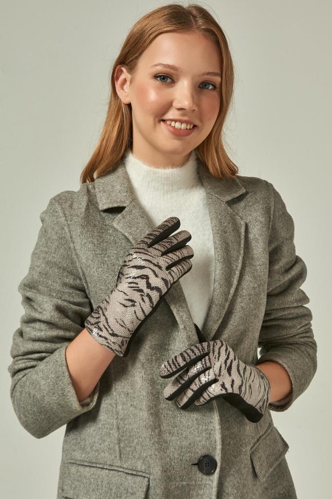 12937 Zebra Pattern Touch Gray Suede Gloves