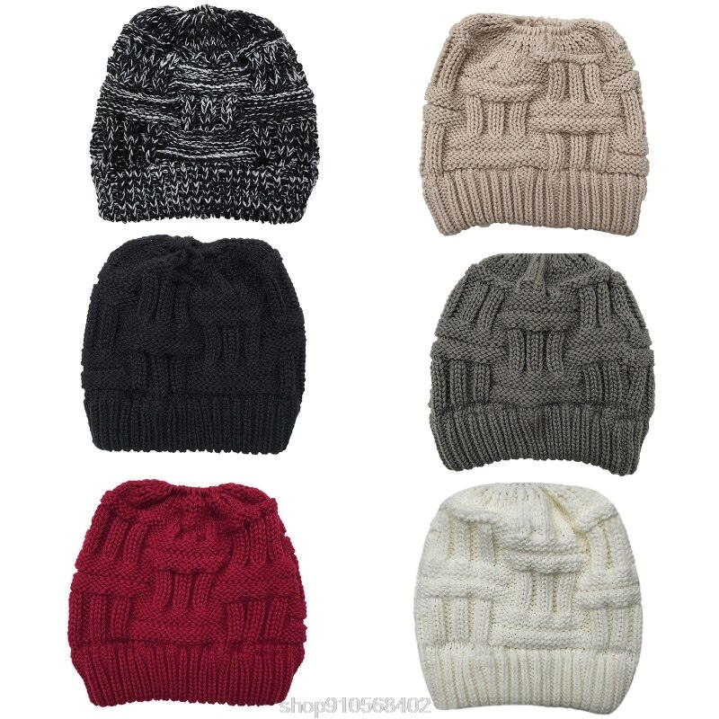 Chunky Plaid Knitted Beanie Hat with Ponytail Hole High Messy Bun Solid Color Stretch Skull Cap Ear Warmer N06 20