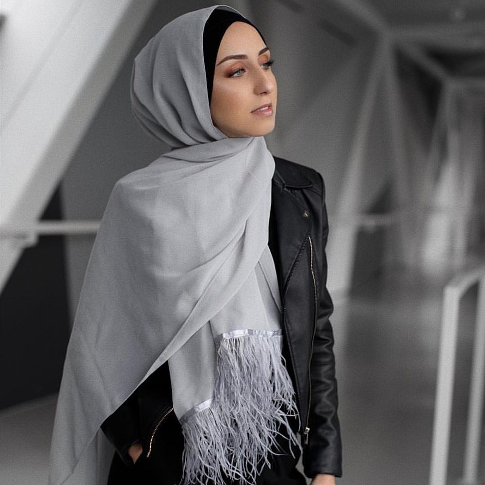 Trend Feather Hijabs Turban Chiffon Single-Side Short Feather Stitching Scarf Long Shawl For Muslim Women Headscarf
