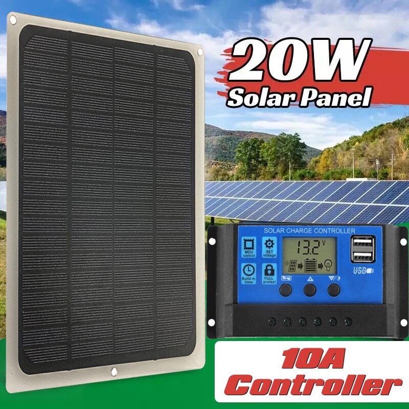 20W 18V Solar Panel Kit Complete with Controller Portable Power Bank Solar Charger for Smartphone Charger Camping Car Boat RV