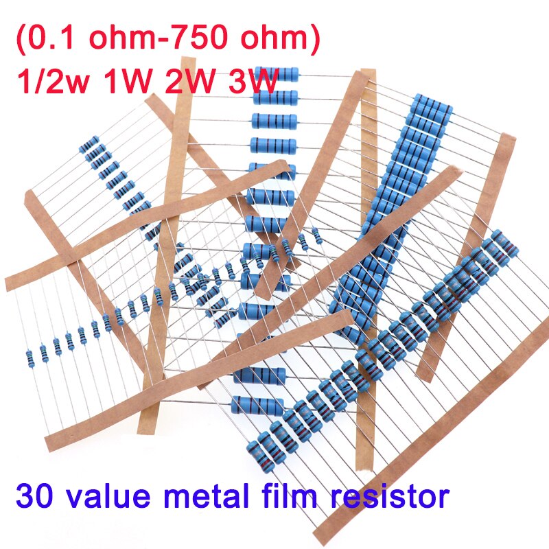 1/2W 1W 2W 3W Metal Film Resistor Assorted Set 30 Value (0.1 ohm-750 ohm) , 1% colored ring resistance kit 27R 270R 7.5R 75R