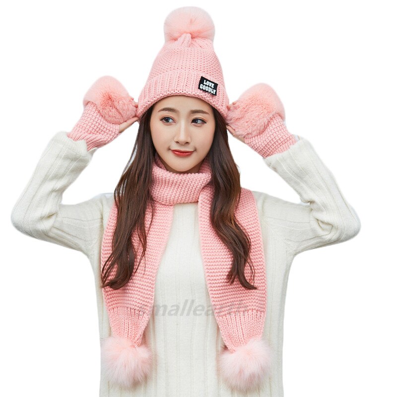 Vrouwen Hoeden Sjaal Handschoen Drie Stukken Sets Winter Gebreide Muts Sjaal Vrouwen Gorros Casual Lange Sjaal Chapeu Feminino bone: pink