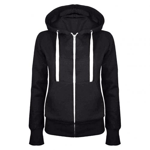 Lässige damen einfarbig langarm hoodie Winter warm reißverschluss kapuzenpullover: Schwarz / L