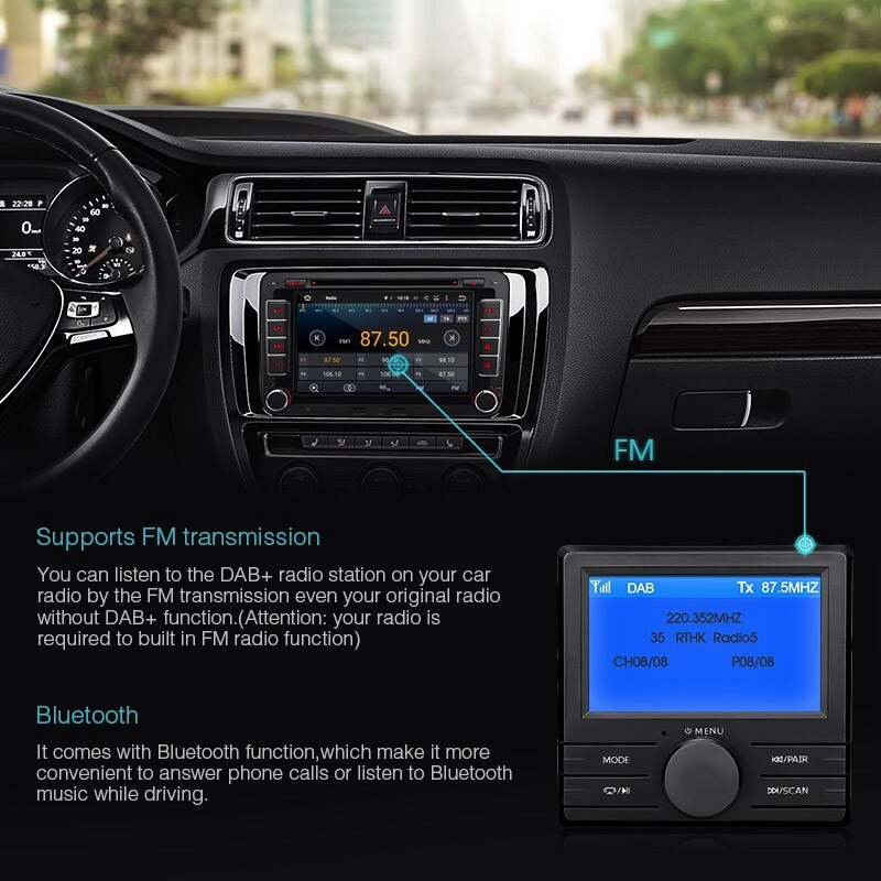 Dab + box digital radio antenne tuner fm transmission 3.0 tommer display sn med bluetooth til bilradio