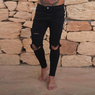 Wihte hommes genou déchiré trous maigre détruit jean coupe mince Hip hop hommes Streetwear coton jean: B1871 black / M-30