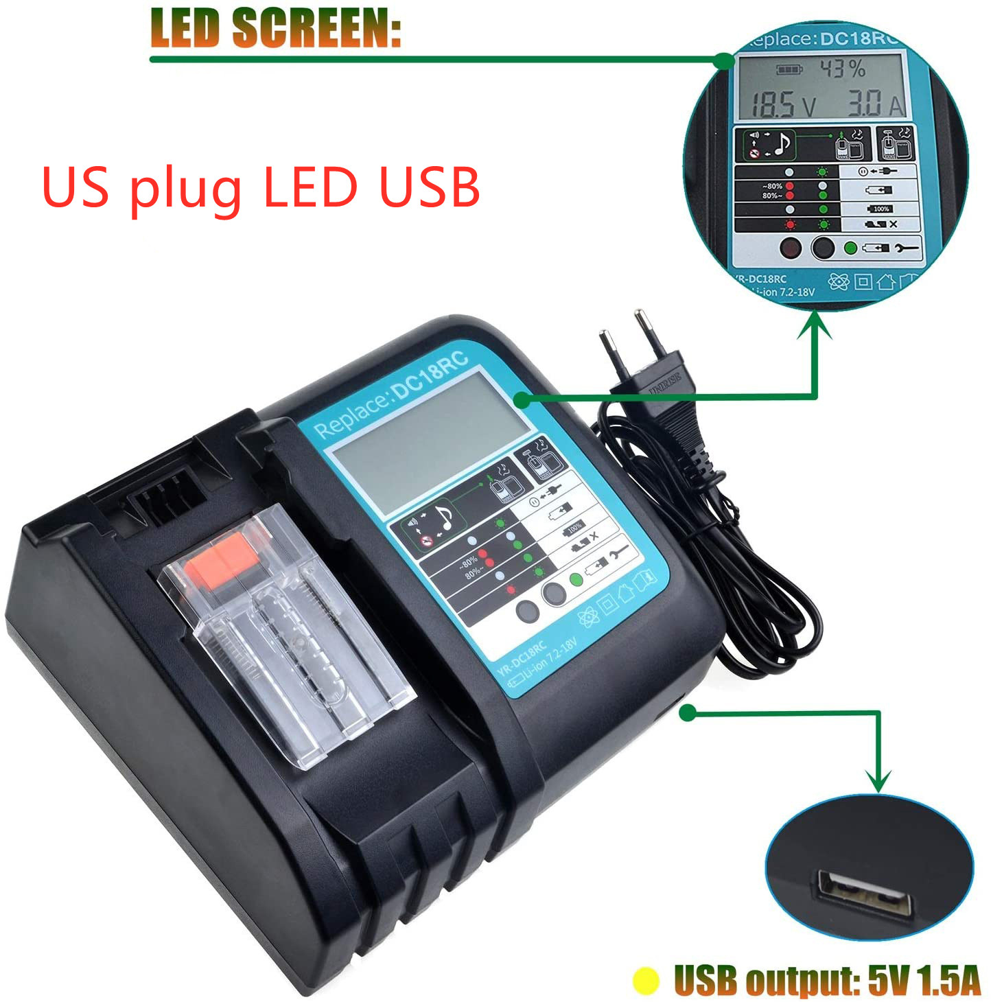 DC18RC Li-Ion Battery Charger 3A Charging For Makita 14.4V 18V Bl1830 Bl1430 Dc18Ra Electric Power DC18Rct Charger USB Prot: US with USB LCD