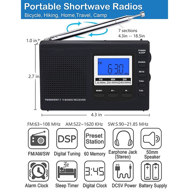 Portable AM FM Shortwave Radios,Battery Operated Clock Radio With Preset,Alarm Clock Digital Tuner With Sleep Timer