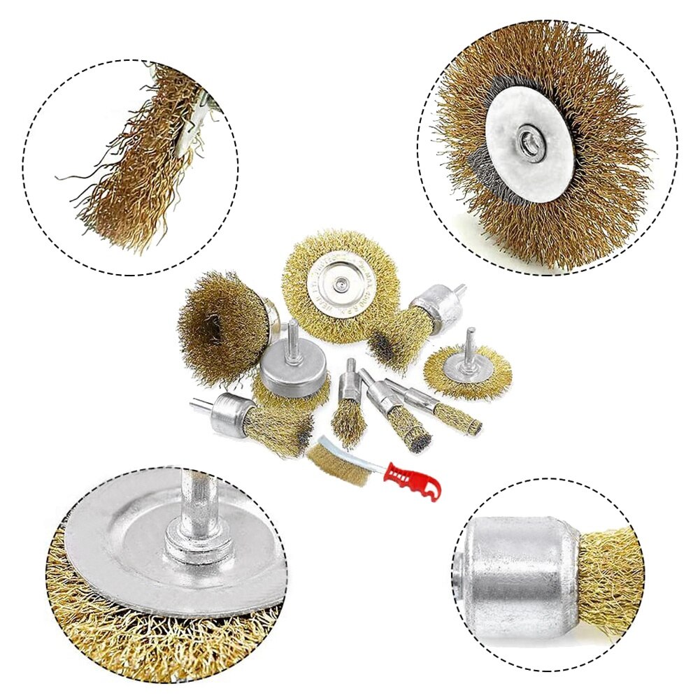 10 Pcs Wire Brush Set, Brass Coated Wire Brushes for Drill Paint Stripper Rust Remover Wire Wheel and Cup Brush Set