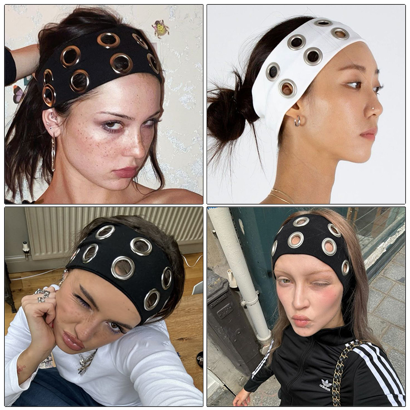 AWAYTR, diademas elásticas huecas de tela Punk para chica, banda para el cabello con ojales huecos personalizados de Metal Rock, diadema deportiva informal con ojales