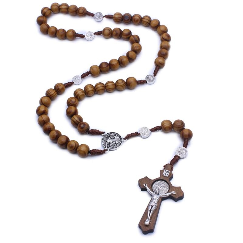 Katolske rosenkrans kryds religiøse træperler håndlavede runde perler mænd halskæde charme
