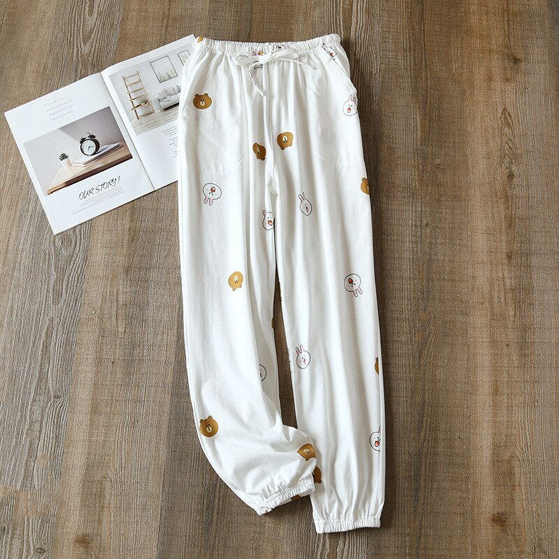 Spring Autumn Sleep Bottoms Korean Style Madam Summer Thin Cotton Loose Comfortable Home Women Night Trousers Sweet Print брюки: white / M