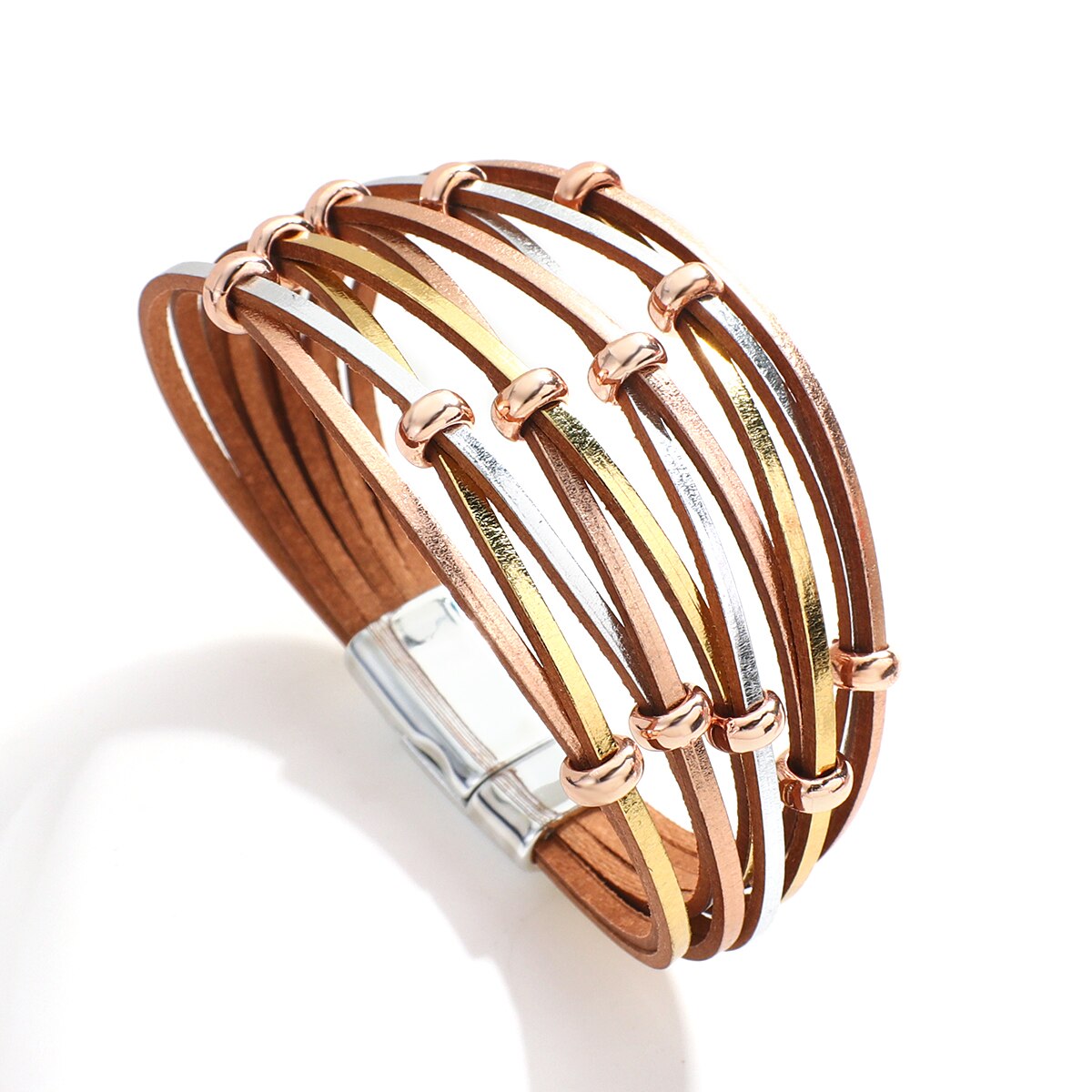 Allyes simples boho cruz buraco líquido contas de metal ampla envoltório pulseiras para mulheres multicamadas pulseira de couro feminino jóias presentes: Champagne