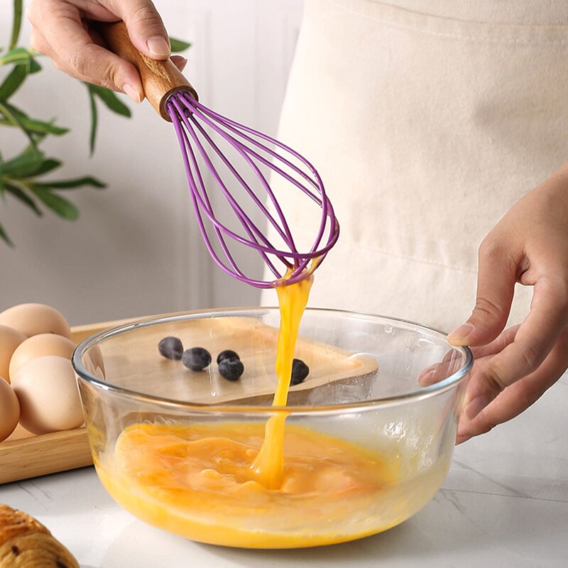 Silicone Wooden Handle Egg Beater 10 Inch Wooden Handle Manual Kitchen Mixer Household Baking Tools