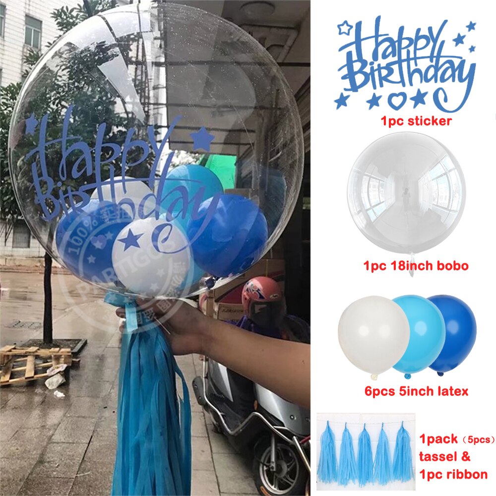 14pcs/set 18inch Transparent Bubble Balloons Helium Clear Bobo Globos Happy Birthday Stickers DIY Red Black Event Party Decor: blue set