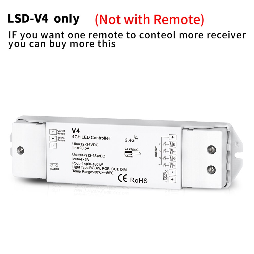 Dimmer 4 Channel LED Strips RGBW Controller V4 with Touch Screen RT4 RGBW Remote Controller RF for DC12V 24V Strips Controller: V4 Controller Only