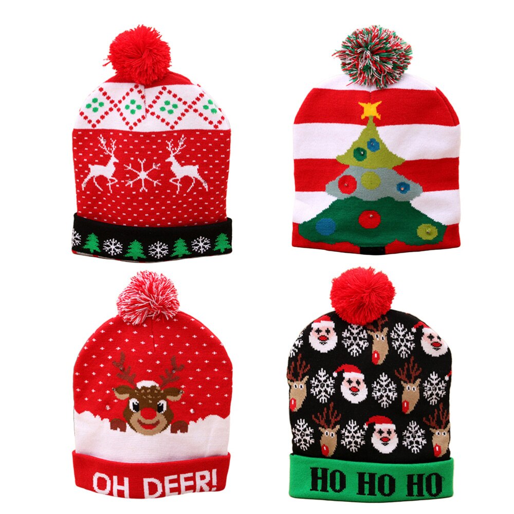 4PCS Luminous Knitted Beanie Hat Glowing Santa Hat Gleamy Knitted Cap Flash Christmas Hat for Adults Children Party Decor: As Shown