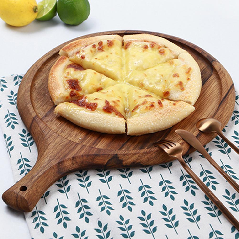 Pizzabricka i trä rund pizzabräda med handtag pizzasten bakplåt skärbräda tallrik tårta bakverk köksbakverktyg