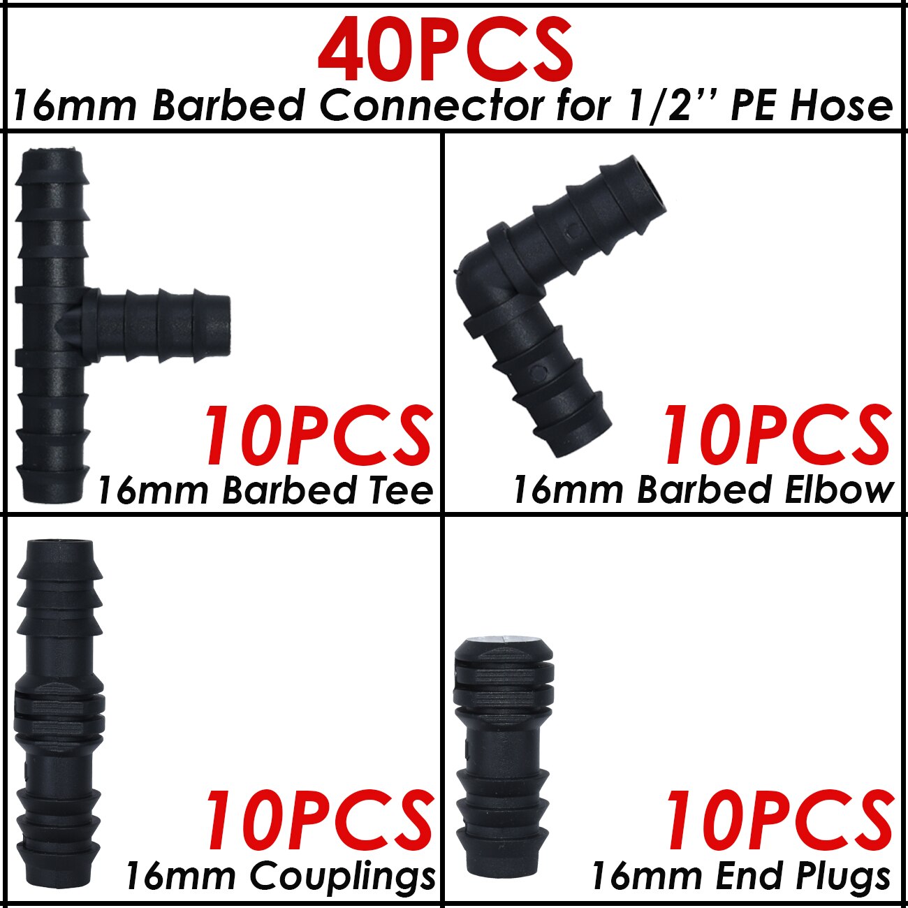 KESLA 40PCS 16MM Barbed Elbow Tee End Plug Drip Tubing Water Connectors Adapter 1/2 Fittings Garden Coupling Adaptor Pipe Repair: KSL01-KIT001-B-40PCS