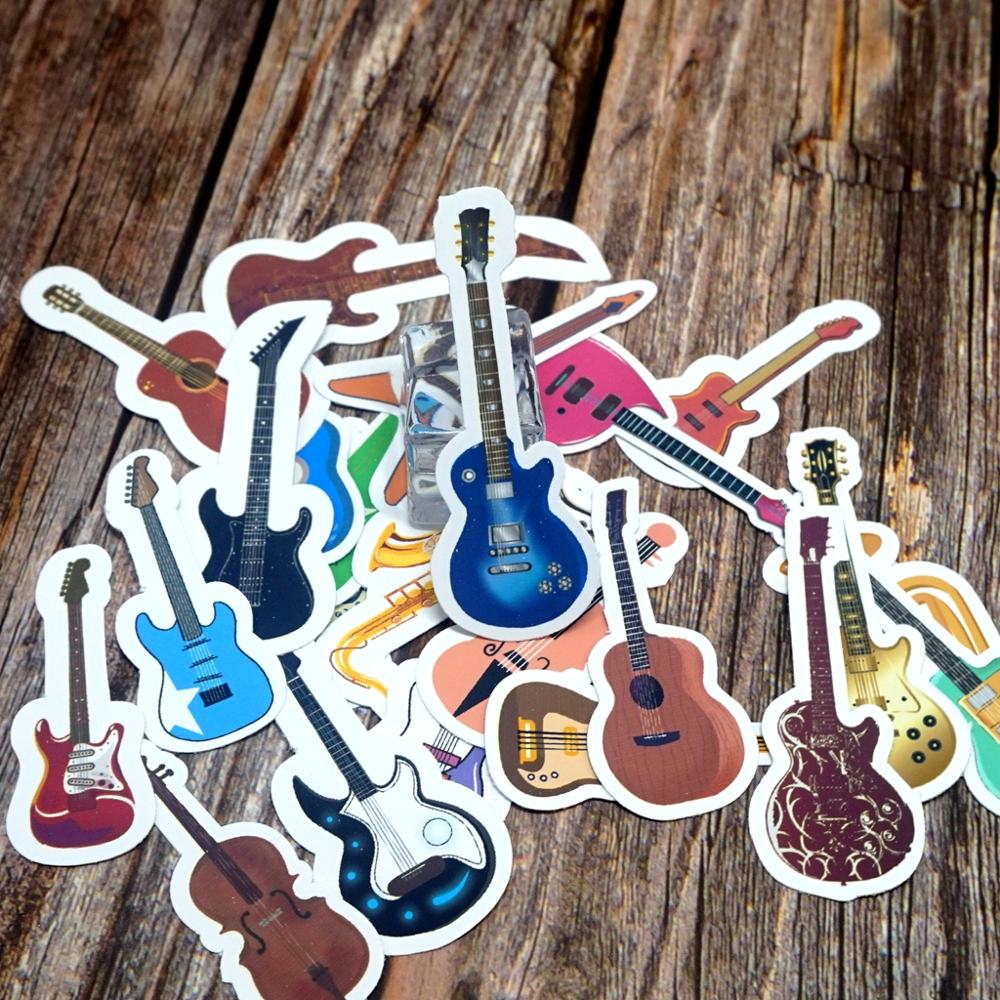 24PCS Colorful Musical Instrument Waterproof Stickers DIY Diary Decoration Stationery Sticker Cute Mixed Guitar Stickers: Default Title