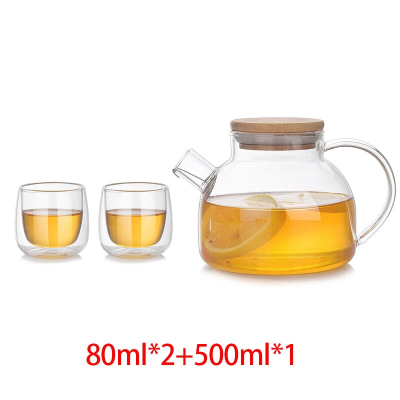 Tea Pot Set Heat Resistant Glass Tea Water Pot With Wooden Cover Coffee Tea Heating Cold Kettle Cup Tea Set: 2pcs cup teapot