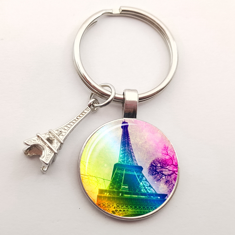 Romantic Paris Eiffel Tower Key Chains Art Lady Wander Drawing Glass Pendant Cute Keychain Keyring Women Bag Jewelry