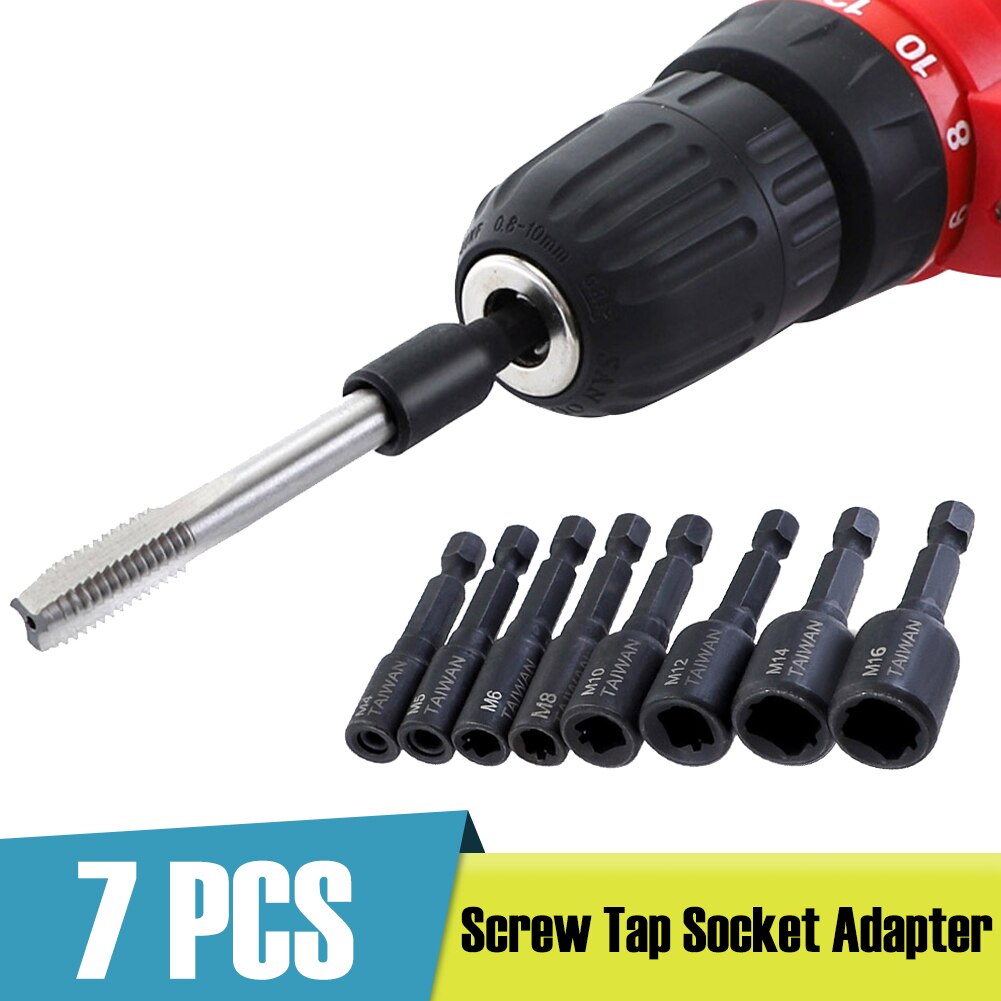 7 Stks/set Schroef Tap Socket Adapter 1/4 "Hex Shank Vierkante Driver Draad Tap Adapter Voor M4 M5 M6 M8 m10 M12 M14 Machine Tap Gereedschap